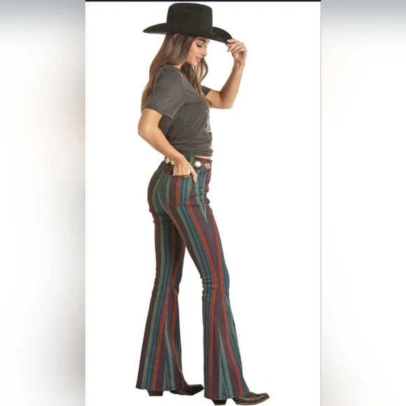 Rock & Roll Cowgirl Denim Bargain Bell Bottoms Pull On Size 26 Stripe Festival - Picture 9 of 10